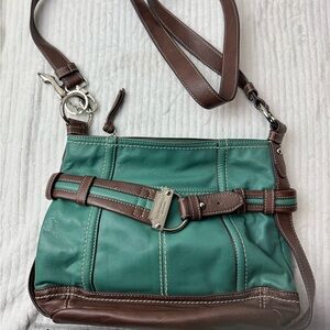 Tignanello Teal and Brown Leather Shoulder Bag